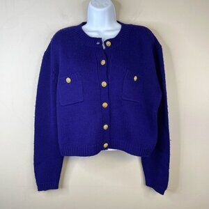 Vintage Old Money Preppy Boxy Wool Crop Knit Cardigan Sweater Large LION Button